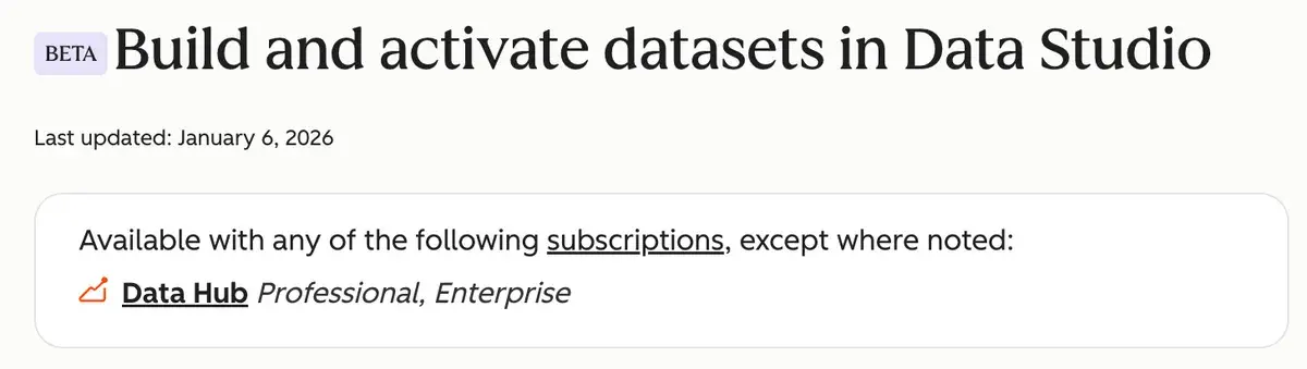 ナレッジベース「Build and activate datasets in Data Studio」のヘッダー。Data Hub Professional, Enterpriseと表記されている